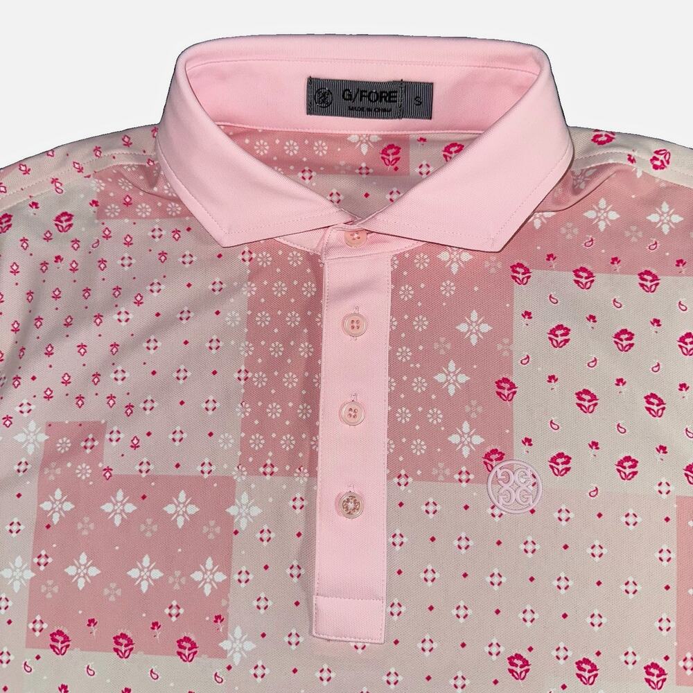 G/FORE Boro Patch Floral Tech Pique Golf Polo Shirt Mens Small S Pink Paisley G4